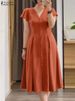 2024 ZANZEA Fashion Women's Dress Summer Short Sleeve Pleated Sundress Elegant V Neck Dress Causal Robe Femme Solid OL Vestido_ecoleips.com