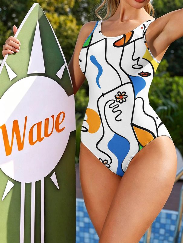 Fashionable Women's Halter Neck Backless Swimsuit American Printed Design Comfortable Sexy Swimwear_ecoleips.com