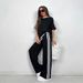 2025 Autumn/Winter European And American Cross-Border Fashion Casual Striped Long Pants Short Sleeve New Round Neck_ecoleips.com