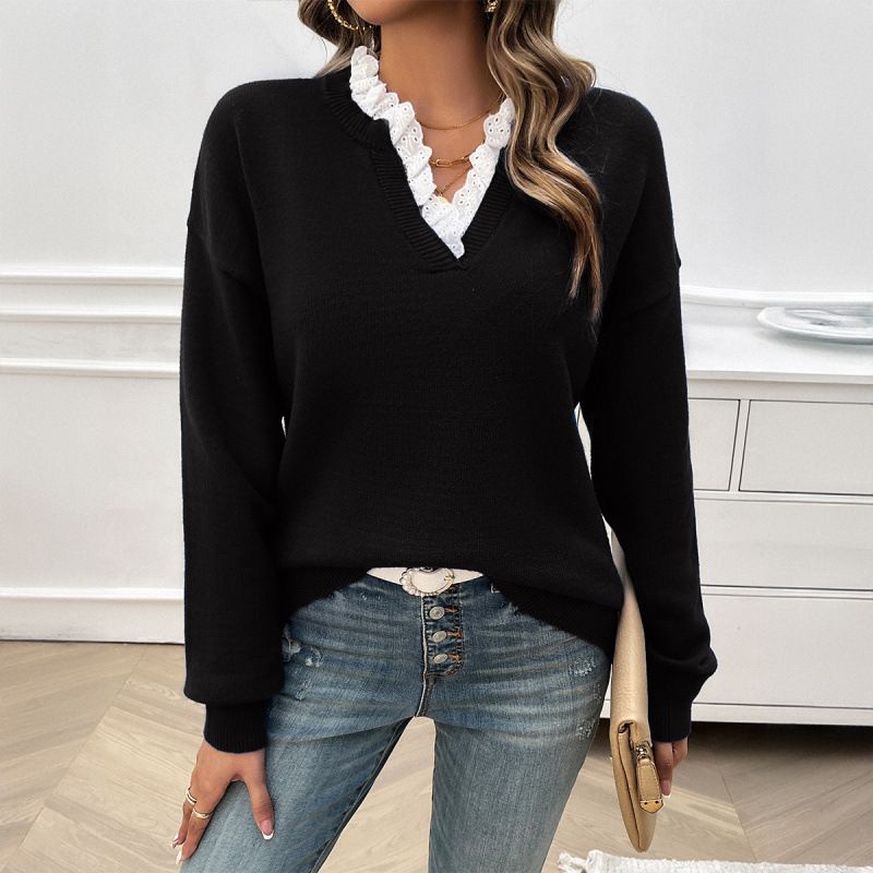 Autumn/Winter Women's Clothing: Loose-Fitting Lace V-Neck Sweater_ecoleips.com