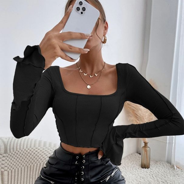 K New Slim Fit Long Sleeve Square Neck Pullover Knit Top T-Shirt For Women_ecoleips.com