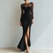Women's Pleated Waist Cinching High Slit Bodycon Dress Long Sleeved Evening Mesh Independent Website Cross Border Bestseller 2026_ecoleips.com
