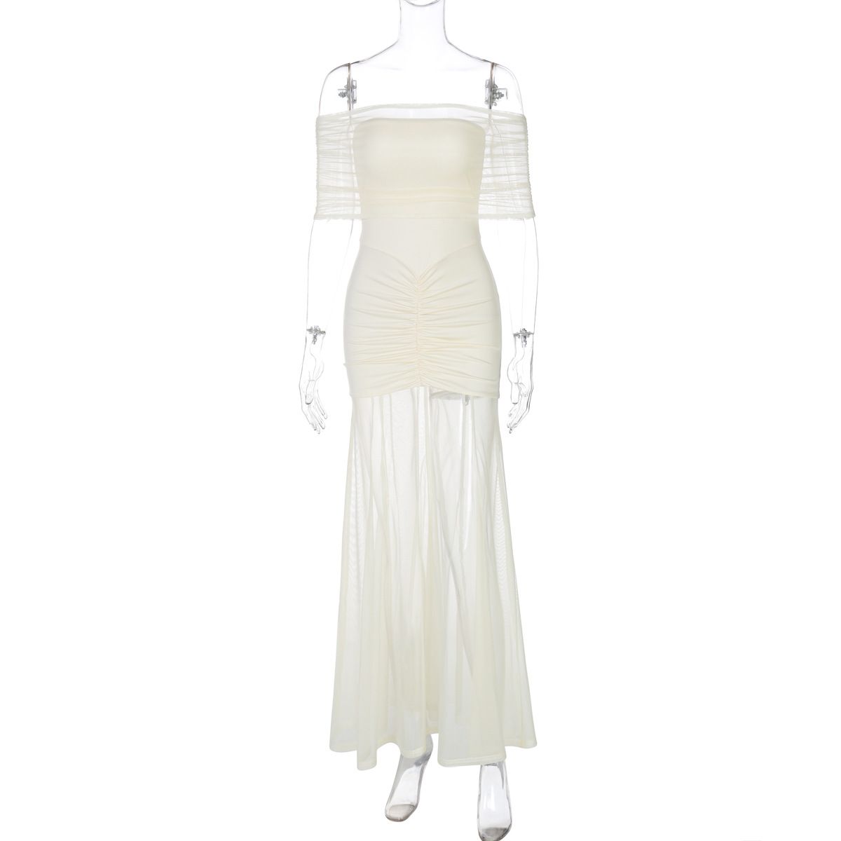 2025 Spring Summer New Sexy Off-Shoulder Ruched Mesh Patchwork Sheer Dress For Women Wholesale_ecoleips.com