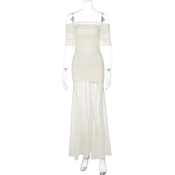 2025 Spring Summer New Sexy Off-Shoulder Ruched Mesh Patchwork Sheer Dress For Women Wholesale_ecoleips.com