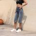 K New Women's Cowboy Mid Pants Breathable Quarter Pants Elastic High Waist Elastic Mid Pants_ecoleips.com