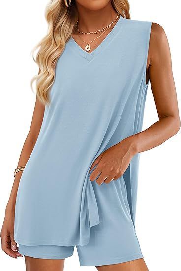 Men's Breathable V-Neck Sleeveless Shirt And Shorts Set Summer Outfit with Side Slits And Pockets_ecoleips.com