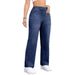 Women's Straight Leg Jeans Mid Rise Casual Style Elastic Waistband Stretch Fabric Drawstring_ecoleips.com