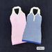Women's Clothing Sexy Backless Halter Bodycon Dress V-Neck Sleeveless Midi Dress Color Blocking Stretchy Knit Fabric Fresh Style (Pink/Blue)_ecoleips.com