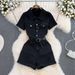 Summer Women's Premium Selection K Style Collared Denim Jumpsuit 2025 Short Sleeved Single Breasted Wide Leg Shorts_ecoleips.com