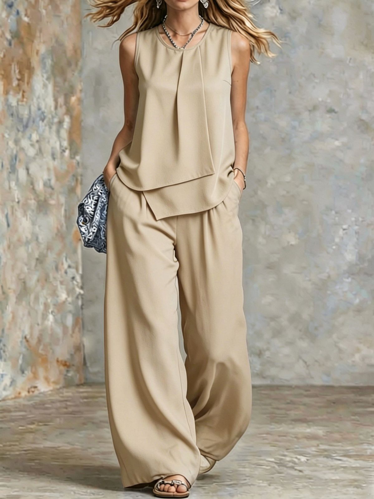 Women's Elegant Sleeveless Solid Color Top And Wide Leg Pants Set_ecoleips.com