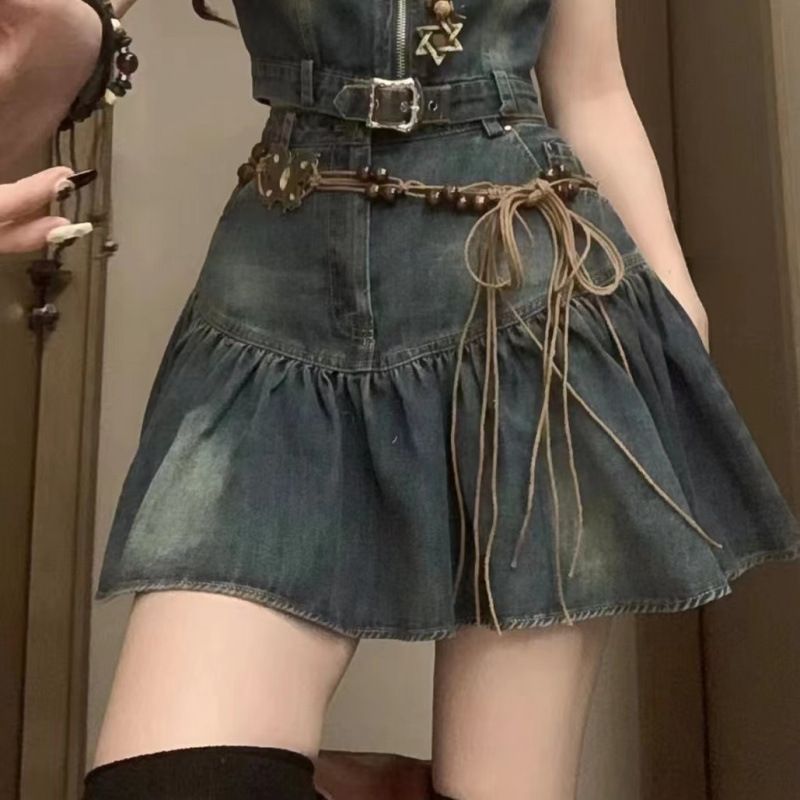 Chic Fashion Denim Summer New Sleeveless Top High Waist Pleated Short Skirt Suit Trendy_ecoleips.com