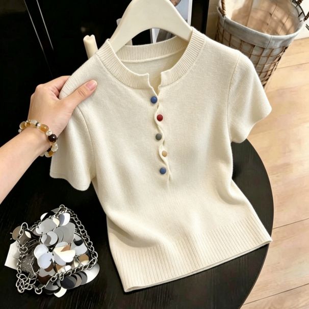Women's Colorful Button Down Collar Short Sleeved Knit Top Slim Fit Fashionable Spring Summer Style_ecoleips.com