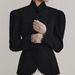 French-Inspired Black Blazer With Stand Collar – Elegant Bubble Sleeve Jacket For Work & Evening (S/M/L)_ecoleips.com