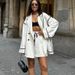 Women's Clothing Lapel Long Sleeved Cardigan Jacket With Lace Up Loose Wide Leg Shorts Casual Two Piece Suit_ecoleips.com