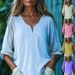 Women's Clothing Summer New Casual Loose Fashion Cotton And Linen Long Sleeved V Neck Solid Color Tops_ecoleips.com