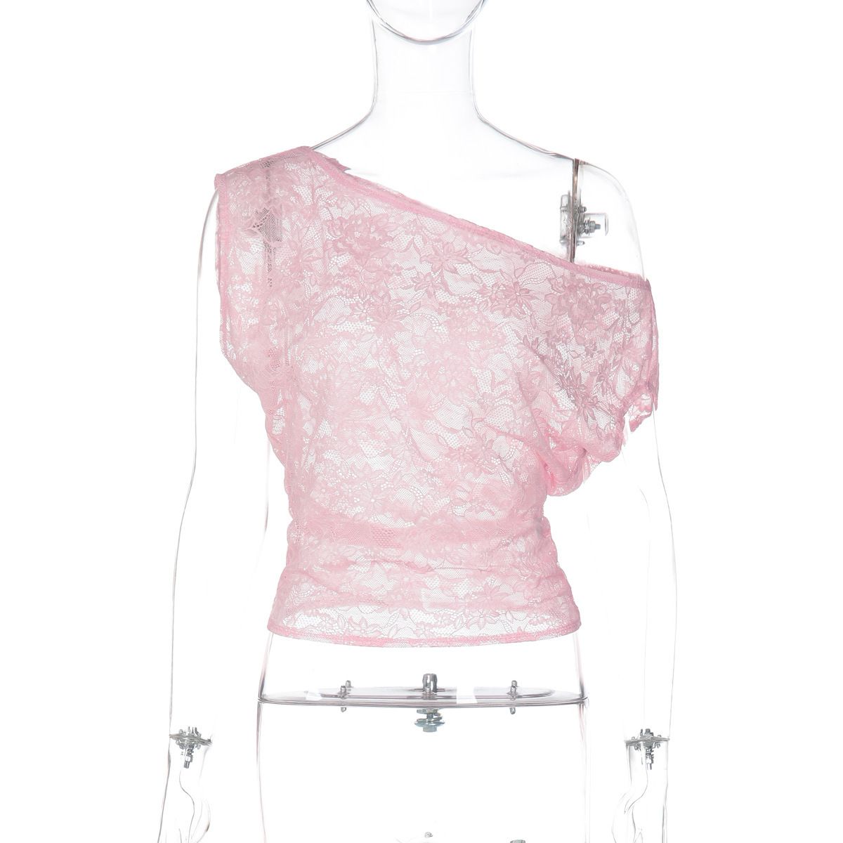 European And American Women's Clothing 2025 Winter New Fashion Sexy Slim Hollow Lace Asymmetrical Neck Tight T-Shirt_ecoleips.com