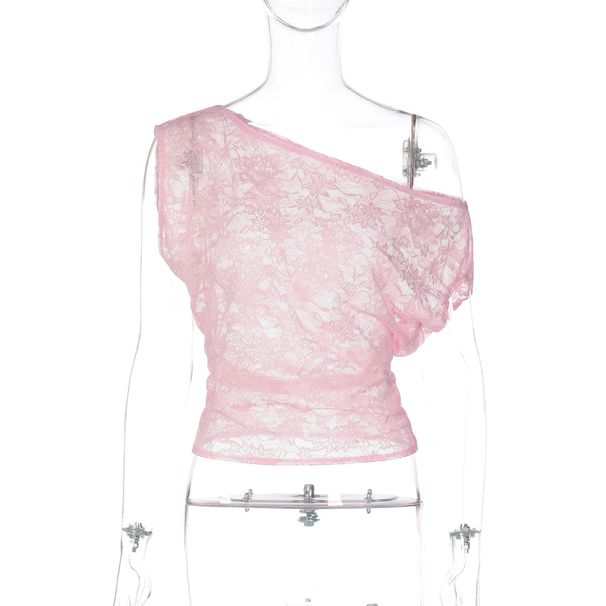 European And American Women's Clothing 2025 Winter New Fashion Sexy Slim Hollow Lace Asymmetrical Neck Tight T-Shirt_ecoleips.com