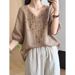 Summer Embroidered Design V-Neck Short-Sleeved T-Shirt Blouse For Women, Artistic And Retro Casual Mid-Sleeved Cotton An_ecoleips.com