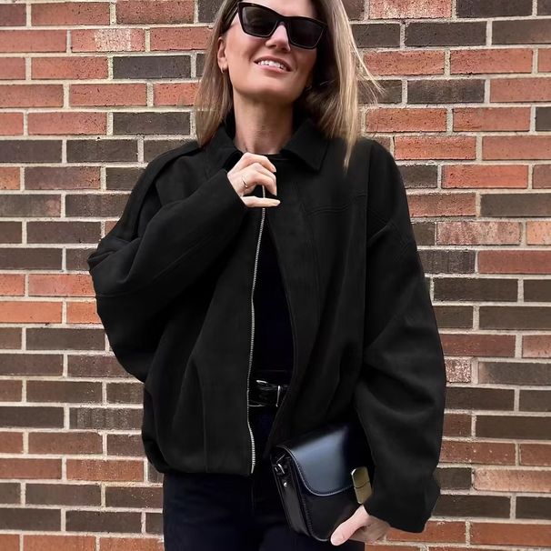 Women's Casual Suede Lapel Bomber Jacket With Pockets Style Winter Outerwear_ecoleips.com