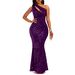 Women's Clothing Fashion Sequined One Shoulder Solid Color Backless Fishtail Sequined Dress Evening Dress_ecoleips.com