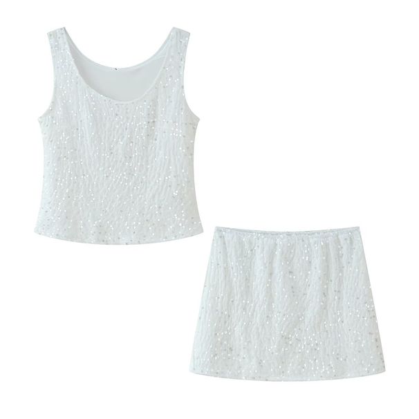 New Style Elegant Simple Sequin Strap Top And High Waist Skirt Set For Women_ecoleips.com