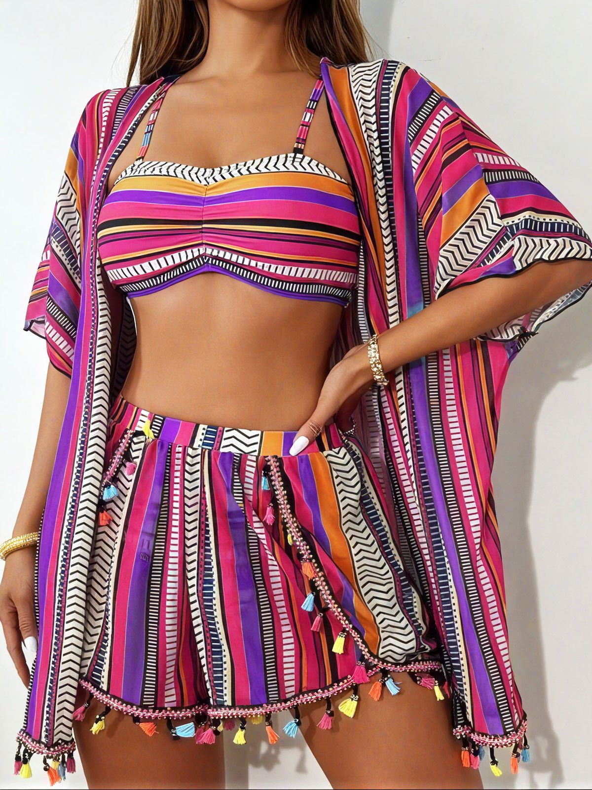 Sexy Tassel Bikini Set 4-Piece Sunscreen Cover Up Swimsuit For Women American Middle Eastern Fashion_ecoleips.com
