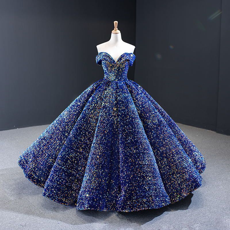 Wedding Dress Bride One Shoulder Sequins Palace Fantasy Ball Performance Puffy Skirt_ecoleips.com