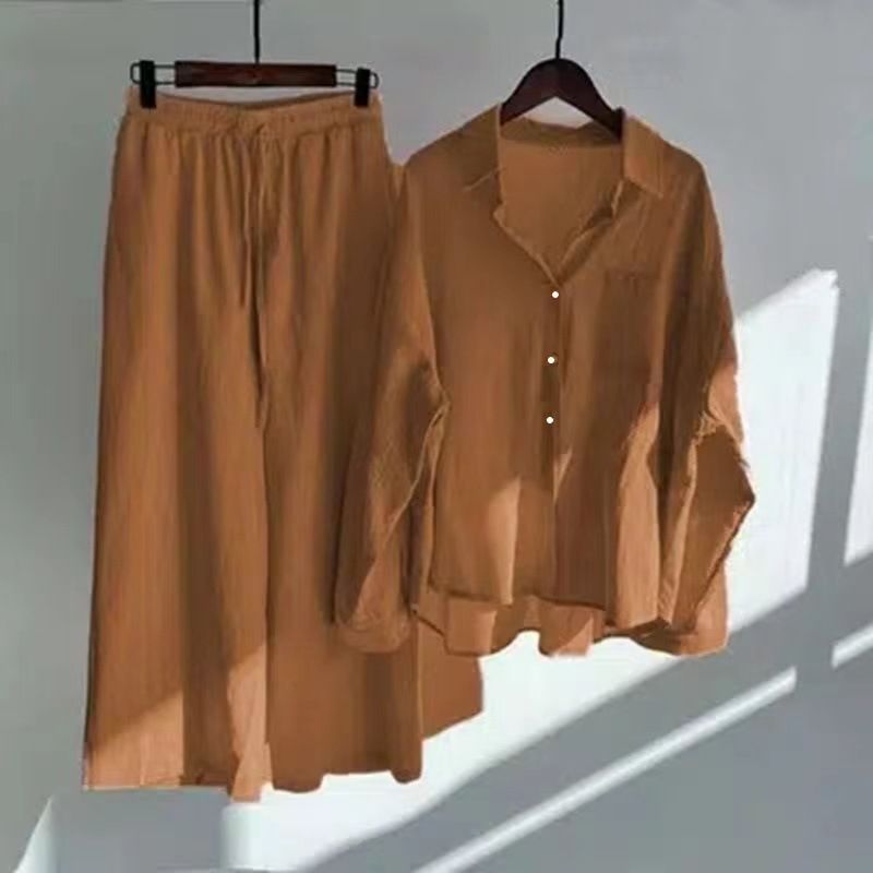 Women's Clothing Women's Retro High Waisted Loose Pants Set Plus Size Shirt Casual 2 Piece Outfit Trousers Long Sleeve For Formal & Casual_ecoleips.com