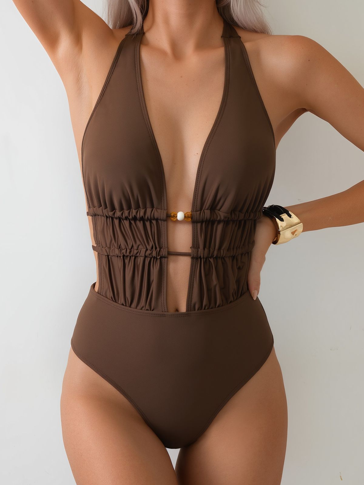 Solid Color One-Piece Bikini With Backless Crisscross Straps, Sexy Swimsuit For Women_ecoleips.com