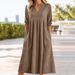 Summer New Style Women's Casual Dress Solid Color Cotton Linen Short Sleeve V Neck Pocket Detail_ecoleips.com
