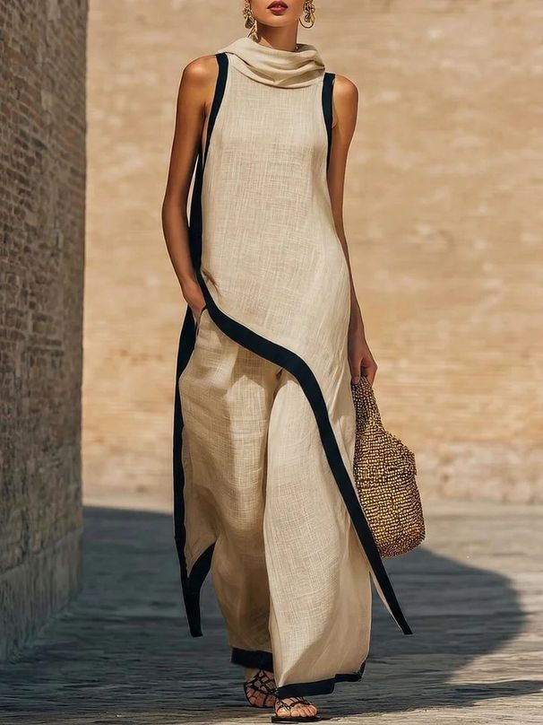 2026 Women's Elegant Hooded Color Block Pant Set Irregular Cut Vest And Pants Two-Piece Summer Outfit Regular Size_ecoleips.com