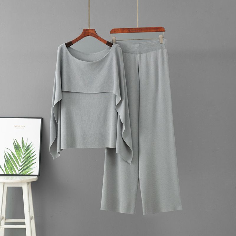 Women's Off-Shoulder Knit Set European American Style Solid Color Summer Top Wide Leg Pants Two Piece Casual Elegant Outfit_ecoleips.com