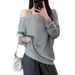 European American Style Solid Color Real-shot Chinese Cotton Composite Loose-fit Sweatshirt Women With Off-shoulder_ecoleips.com