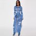 Women’s Clothing New Two Piece Suit Denim Print Round Neck Long Sleeved Top Slim Hip Long Skirt_ecoleips.com
