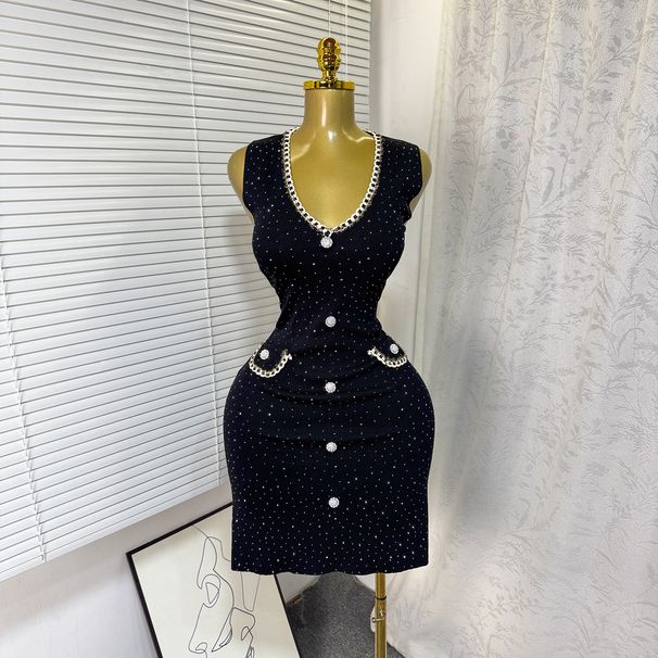 Elegant Sleeveless Knit Dress With Rhinestone Buttons - Bodycon Mini Dress For Women, Slimming High Waist Design, Shimmering Fabric_ecoleips.com