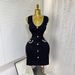 Elegant Sleeveless Knit Dress With Rhinestone Buttons - Bodycon Mini Dress For Women, Slimming High Waist Design, Shimmering Fabric_ecoleips.com