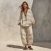 Women's Clothing Women's V Neck Printed Casual Top Long Sleeved Loose Fit Cotton Linen Striped Set Spring Autumn_ecoleips.com