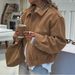 Women's Suede Jacket - Stylish Loose Fit Winter Coat With Notched Collar, Zipper Front, Long Sleeves (Khaki, S/M/L/Xl)_ecoleips.com