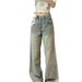 American Retro Yellow Mud-colored Jeans For Women, Summer Distressed Loose Fit, Petite Floor-length Straight Wide-leg_ecoleips.com