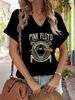 Women's V-Neck "Pink Floyd Dark Side Of The Moon" Graphic Tee, Retro Rock Band Print T-Shirt, Casual Short Sleeve Top_ecoleips.com