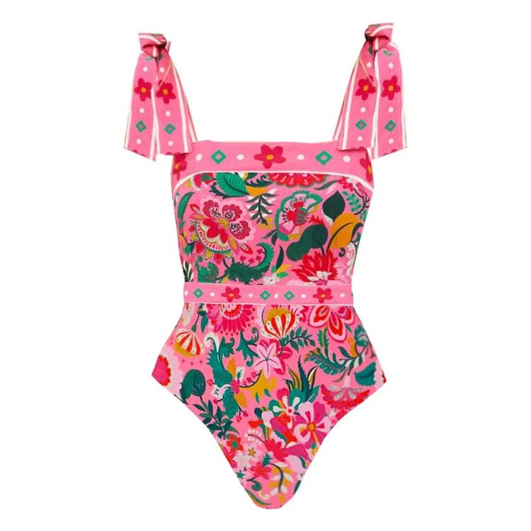 Women's Floral One-Piece Swimsuit With Adjustable Bow Ties – UPF 50+ Nylon Blend, Removable Padding & Tummy Control_ecoleips.com