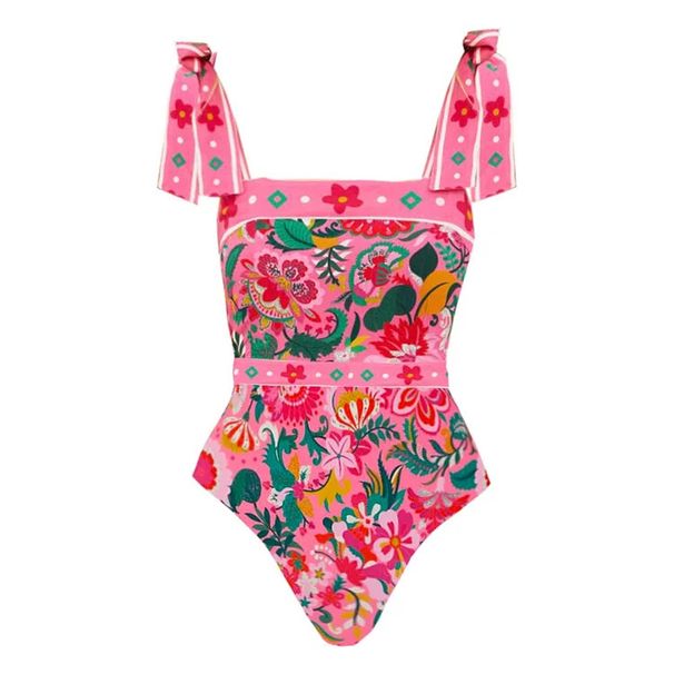 Women's Floral One-Piece Swimsuit With Adjustable Bow Ties – UPF 50+ Nylon Blend, Removable Padding & Tummy Control_ecoleips.com