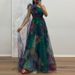 Women Sexy Slanted Neck Bow Tie Up Slim Long Dress Elegant Mesh Waist Banquet Dress Fashion Pattern Printed Asymmetry Long Dress_ecoleips.com