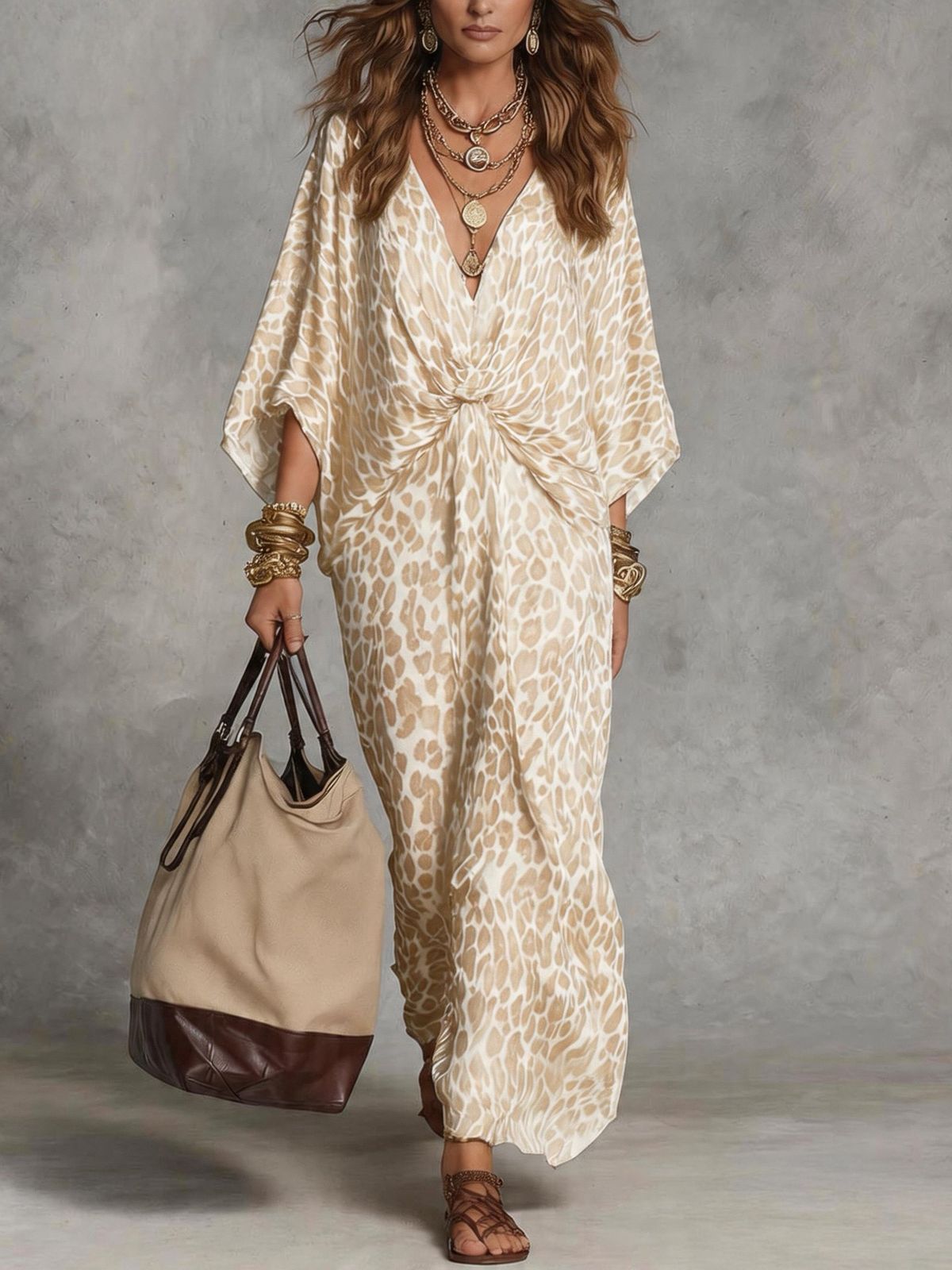 Women's Plus Size V Neck Belted Leopard Print Maxi Dress – Slimming Casual Office Gown_ecoleips.com
