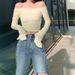 Sexy Off Shoulder Mesh Top, 2025 Autumn New Item, Sweet One Necked Pleated Trumpet Long Sleeved T-shirt For Women_ecoleips.com