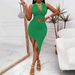 Women's New Solid Color Halter Deep V Tank Top Irregular Bodycon Skirt Set_ecoleips.com
