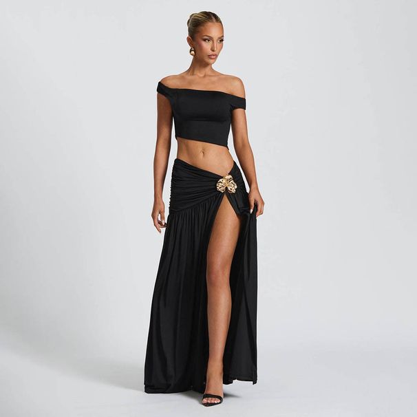 Women's Clothing Suits Sexy Tube Top Vest Solid Color Slit Long Skirt Two Piece Suit_ecoleips.com