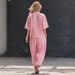 Women's Solid Color Two Piece Set V Neck Short Sleeve Top & High Waisted Trousers Casual American Style Pant Suit_ecoleips.com