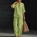 Spring/Summer Women's Casual Solid Color Two Piece Set V Neck Short Sleeve Pants Spring Summer New_ecoleips.com