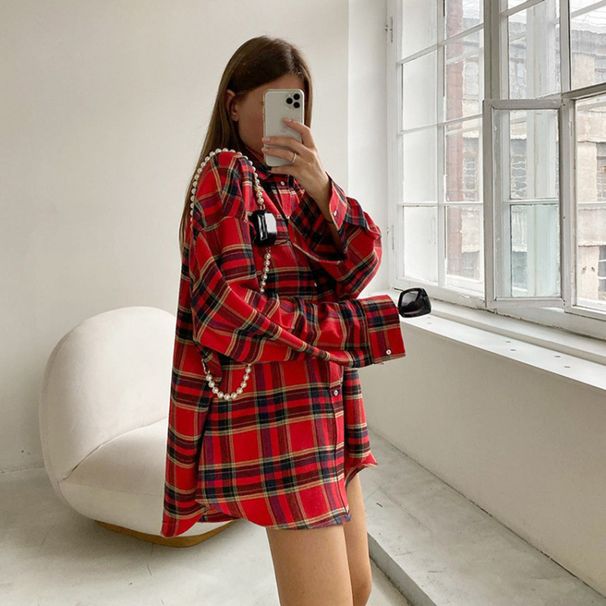Spring And Summer Versatile Checked Shirt For Women, Trendy And Retro Checked Top, Loose Jacket For Women_ecoleips.com